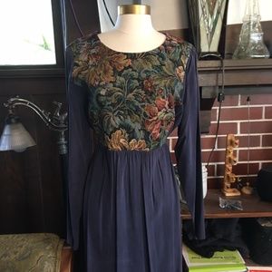 Vintage Carol Anderson Deep Blue TieBack Long Dress with Floral Bust, US Size 12